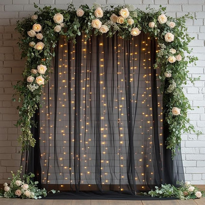 Black Tulle Backdrop Curtain with Lights String - 10x10ft Sheer Backdrop with 300 LEDs for Halloween, Wedding, Bridal Shower, Birthday Party Photo Shoot Background and Home Decorations