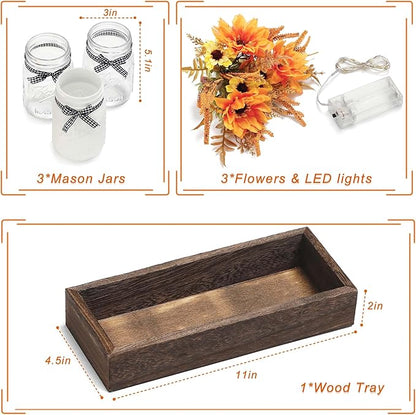 Thanksgiving Mason Jar Centerpiece for Table with LED Lights & Artificial Flowers, Set of 3 Mason Jars Farmhouse Painted Decorative Jars for Fall Home Decor, Kitchen Table Centerpiece