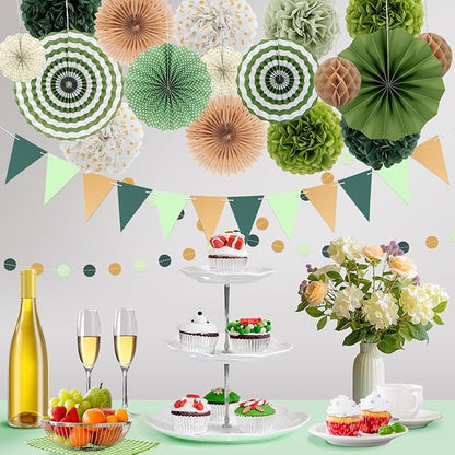 Green Party Decorations - 23Pcs Hanging Paper Fans,Pom Poms Flowers,Garland String Polka Dot and Triangle Bunting Flag Packs for Girls Women Birthday Party Baby Shower Wedding Shower Decor