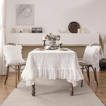 patdrea Vintage Ruffle Tablecloth for Square Tables,Farmhouse Embroidered Cotton White Lace Table Cloth Cover Decor for Dining Room Wedding Banquet Thanksgiving Christmas,59"*59"