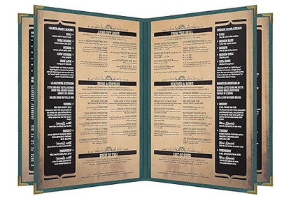 Goodsmart Pajco Style Restaurant Menu Covers – Pack of 10, Side-Loading Menu Holders, Single Stitched Edge, Clear Vinyl Menu Sleeves, Leatherette Trim, Gold Corners, Green, 6 View (8.5" x 11")