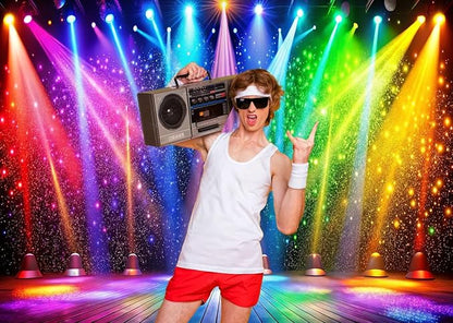 LTLYH 7x5ft Fabric Disco Rainbow Stage 70s 80s 90s Backdrop Vintage Lights Photography Background Rock Music Club Neon Glow Party Decorations Photo Banner 312
