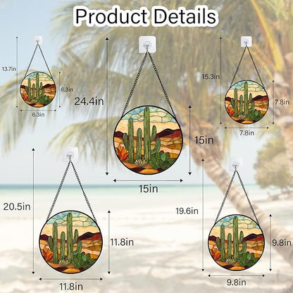 Stained Glass Window Hanging, Green Cactus Sun Catcher for Door Terrace Garden Home Decor, Abstract Desert Landscape Suncatcher Birthday Gifts for Lovers Women Men Dad Mom Nana 9.8 in