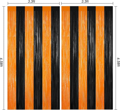 Halloween Photo Backdrop, 2 Pack Orange and Black Party Streamer, Metallic Foil Fringe Curtains Tinsel Backdrop, Halloween Birthday Party Decorations Hanging Decor Indoor, Photo Booth Props Streamers