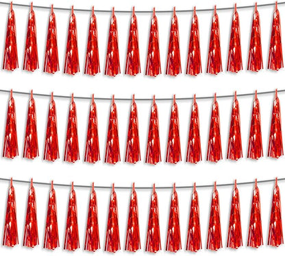 3P Red Foil Fringe Metallic Tassel Streamers Banner Tassel Garland for Parade Floats, Bachelorette, Wedding, Birthday, Halloween, Christmas, Bridal/Baby Shower Party Decorations