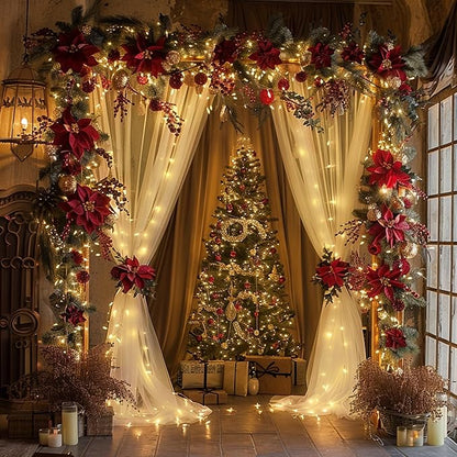 Fomcet Tulle Backdrop Curtains Ivory 30FT X 8FT Tulle Curtains with Lights String Sheer Curtain Backdrop for Parties Wedding Baby Shower Photo Shoot Decorations (6 Panels 5 x 8FT)