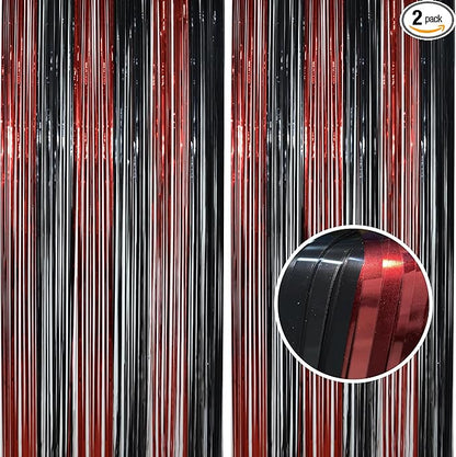 BRAVESHINE Tinsel Photo Backdrop Curtains - 2 Pack 3.2x8.2ft Black Red Foil Fringe Streamer Curtain for Halloweens, Lantern, Pumpkin, Home, Indoor or Outdoor Party Supplies Decorations