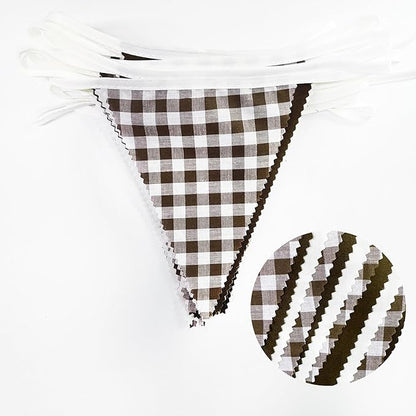 32Ft Coffee Brown Party Decorations Brown Buffalo Plaid Checkered White Triangle Flag Gingham Pennant Bunting Fabric Garland for Woodland Teddy Bear Baby Shower Birthday Home Outdoor Garden Decor