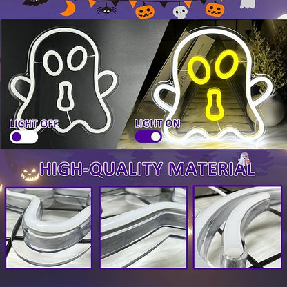 Halloween White Ghost Neon Sign Halloween, USB Halloween Neon LED Light for Wall Decor, White Ghost Halloween Sign Decorations for Home Bar Salon Coffee Stores Porch Front Door