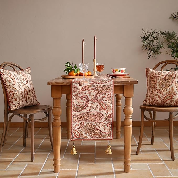 ISAENNE Designer Elegant Red Linen Extra Long Table Runner 118 Inches,Vintage Paisley Pattern Durable Table Runners for Dining Tables,Thanksgiving,Kitchen Tables,Christmas,12"*118"-Chauffrey A