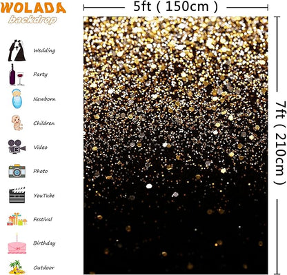 WOLADA Black and Gold Backdrop Golden Glitter Backdrop for Photography Wedding Birthday Baby Shower Party Photo Studio 5x7FT 11412
