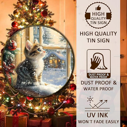 Round Christmas Sign Cats Vintage Metal Sign Christmas Kitten Retro Tin Sign Wall Decor for Home Office Bar Club Man Cave 12 * 12 in