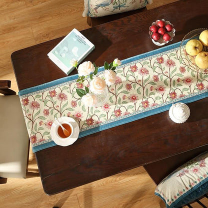 patdrea Designer French Elegant Wild Flowers Velvet Table Runner 87 Inch Long, Beige Pink Floral Pattern Table Mat, Decoration for Kitchen Dining Coffee Table Cabinet Banquet Thanksgiving,12"*87"