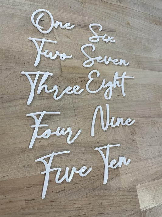 Cursive Wedding Table Number SET, DIY thin modern Black or White acrylic cutouts with silicone glue included. Words only, no backing (One - Ten, Gloss White)