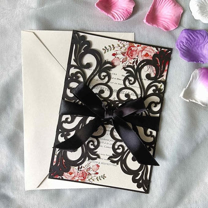 25PCS Laser Cut Wedding Invitations Cards with Envelopes,Blank Inner Sheets,Ribbons for Wedding Bridal Shower Quinceañera Engagement Birthday Invites, pearl black