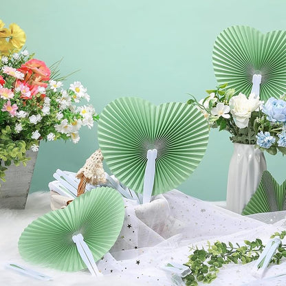Unittype 150 Packs Wedding Paper Fans Heart Shaped Folding Handheld Fans for Wedding Decorate Guests Favor Anniversary Birthday Party Supplies Home Decor(Sage Green)