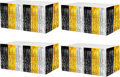 4 Pack 29x108 Inch Metallic Foil Fringe Tinsel Table Skirts for Rectangle Tables Streamer Backdrop for Wedding Birthday, Parade Floats, Christmas, Halloween Party Decoration(Gold Silver Black)