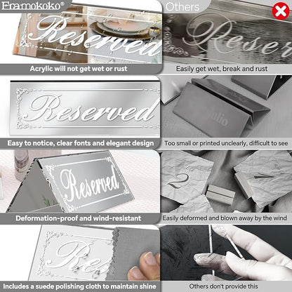 12 Pcs 6" x 2" Silver Reserved Table Signs, Mirrored Double Sided Table Tent Signs with Suede Cloth, Reservation Seat Indicators for Wedding Restaurant Party