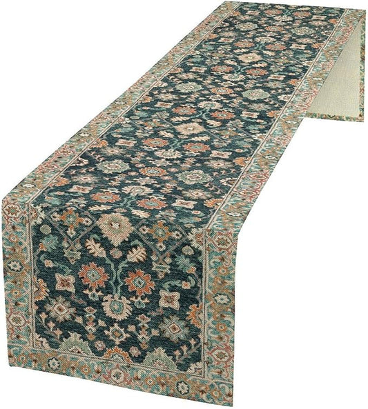 Vintage Boho Floral Table Runner, Rustic Country Farmhouse Blue Teal Red Bohemia Flower Pattern for Home Kitchen Table Decor Dining Coffee Room Party Decor 13x72in