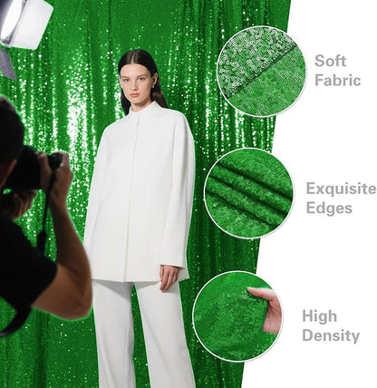 Green Sequin Backdrop Curtain 2 Pieces 2FTx8FT Glitter Photography Backdrop for Party Wedding Birthday Christmas Decorations