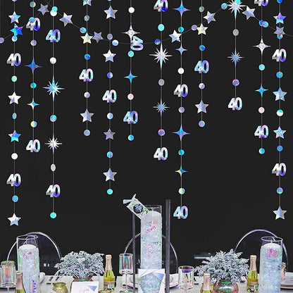 Iridescent 40th Birthday Decorations Number 40 Circle Dot Twinkle Star Garland Metallic Hanging Streamer Bunting Banner Backdrop for Women Mens 40 Year Old Birthday Forty Anniversary Party Supplies