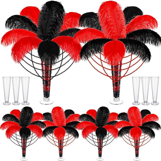 6 Sets Wedding Table Centerpiece Accessories Including 159 Pieces Natural Ostrich Feather Bulk Plastic Vases and Beads Necklaces for Wedding Home Party Centerpiece Supplies(Black, Red)