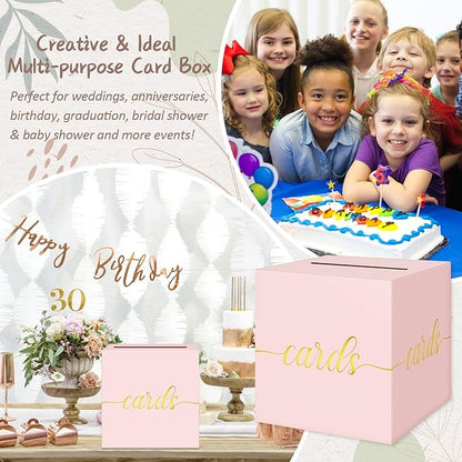 QIKSION Pink Wedding Card Box, Gold Foil Gift Card Box for Party, Wedding Reception, Graduation, Birthday, Baby Shower, Raffle