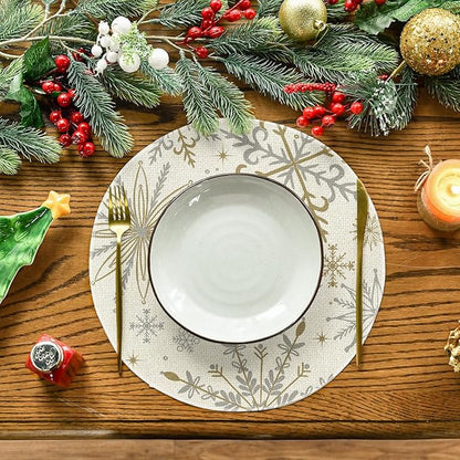 Artoid Mode Beige Snowflake Let It Snow Winter Placemats Set of 6, 14 Inch Seasonal Christmas Xmas Round Table Mats for Dining Decoration