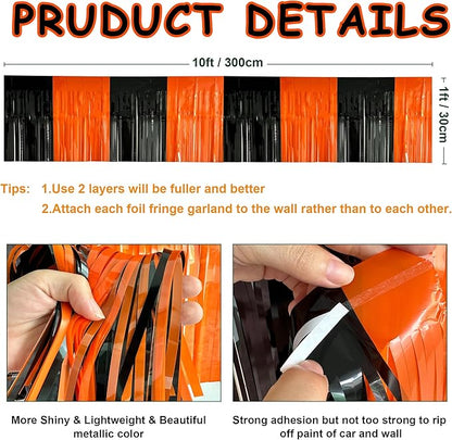 4 Pack 10 Feet Black Orange Halloween Parade Float Decorations for Trailer Car, Foil Fringe Tinsel Streamers Banner Garland for Halloween Graduation Homecoming Party Decoration (Black Orange)