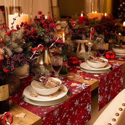 Christmas Snowflakes Cotton Linen Table Runner for Dining Kitchen, Red Xmas Winter Snow Wedding Outdoor Party Tablerunners Decoration, New Year Dresser Scarf Coffee Tablecloth Runners 13x72 Inches