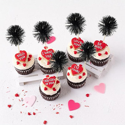 Ephlyn 30Pcs Foil Firework Cupcake Toppers Sparkle Tinsel Cupcake Picks Happy Birthday Cake Decorations Drink Stirrers Cocktail Food Fruit Toothpicks for Baby Shower Graduation Party Supplies Black