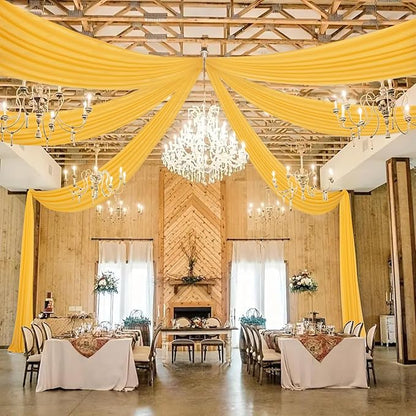 DUOBAO Chiffon Ceiling Drapes 20FT 6 Panels Gold Sheer Wedding Backdrop Curtains for Indoor Events Banquet Hall Tent Drapery Soft Draping Fabric for Arches Christmas and Photography