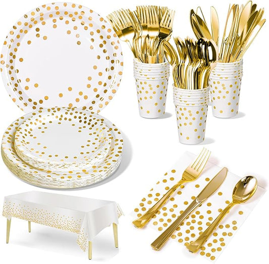 141 Pieces White Gold Party Supplies, Party Dinnerware Sets Include Paper Plates Napkins Cups Silverware, for Wedding Bridal Shower Engagement Birthday Parties Decoration -20 Serves