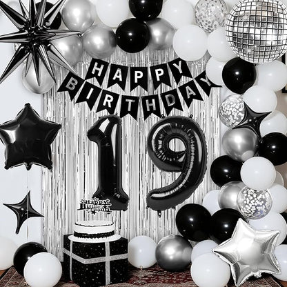 19th Birthday Decorations for Boys Men, Black Silver Happy Birthday Party Decorations， 19 Year Old Party Supplies with Number 19 Balloons, Banner, Fringe Curtains Kit