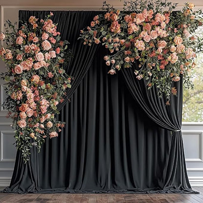 50ftx12ft Wrinkle Free Black Backdrop Curtain, 10 Panels 12FT Height Black Wedding Backdrop Drapes, Silky Polyester Back Drop Cloth for Birthday Photography Background Party Backdrop Draping