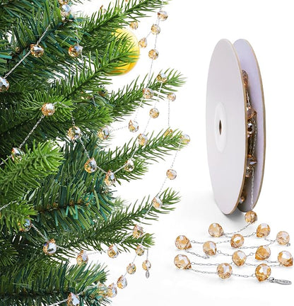 Christmas Garland, 9.8Ft Crystal Glass Beads Strands, 100pcs 10mm Faceted Waterdrop Glass Beads Hanging Ornament for Christmas Tree Centerpieces Wedding Party Decorations (Gold)