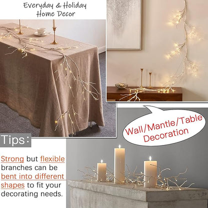Fudios Lighted Birch Garland with Timer 48 LED Fairy Lights 6ft Battery Operated for Mantle Decor, Lit Christmas White Twig Garland Winter Home Wall Decoration Indoor Outdoor Use 1 Set
