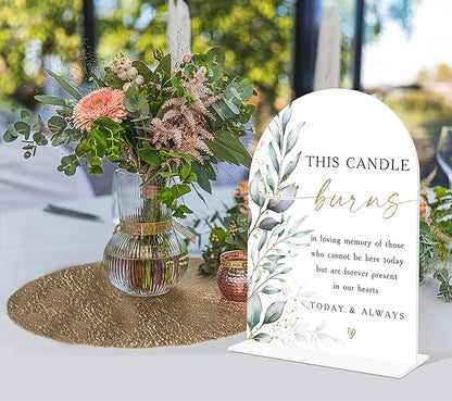 Acrylic Wedding Signs, Greenery Theme This Candle Burns in Loving Memory of, Memorial Table Sign for Wedding, Bridal Shower Table Decor with Stand, Engagement, Anniversary, Newlywed Event Supplies, 25