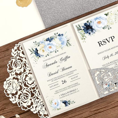 DORIS HOME 50pcs Laser Cut Wedding Invitations with Envelopes and RSVP Cards Silver Glitter, 4.7x7.1 Personalized Invitation Cards for Wedding, Anniversary Invitations with Envelopes