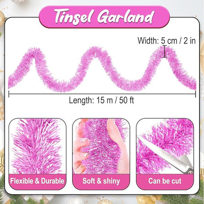 50 Feet Macaron Pink Christmas Tinsel Garland, Metallic Foil Twist Banner Wall Hanging Tinsel Streamers Backdrop for Parade Floats, Christmas, Mother's Day, Birthday Party Decorations(2in x 50ft)
