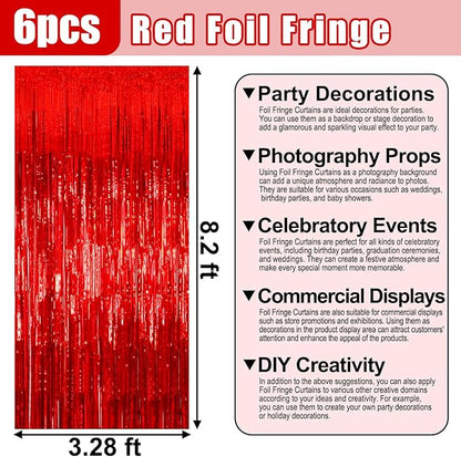 6 Pack Red Foil Fringe Curtain Backdrop, 3.28Ft x 8.2Ft Metallic Tinsel Foil Fringe Streamer Curtains for Photo Booth, Birthday, Wedding, New Year Party Decorations