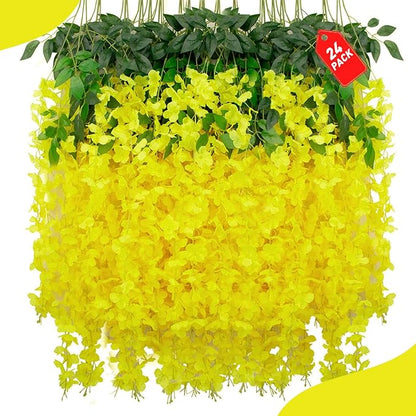 24 Pack Yellow Wisteria Hanging Flowers, 3.4 Ft Fake Hanging Flowers, Artificial Wisteria Garland Vines for Wedding Room Backdrop Outdoor Patio Garden Decoration