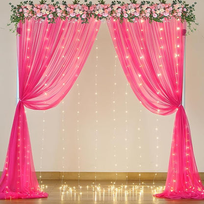 Hot Pink Tulle Backdrop Curtain with Lights for Parties 10x8ft Fuchsia Sheer Backdrop Curtains for Weddings Birthday Baby Shower Photo Shoot Background Decorations