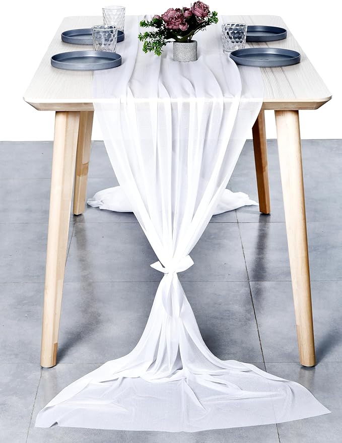MDS 2 Pack 10ft Chiffon Table Runner 29 x 120 Inches Sheer Wedding Runner Romantic Rustic Table Runner for Wedding Decorations, Birthday Parties, Bridal Shower Party Arch Decor - White