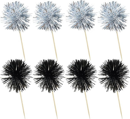 Ephlyn 30Pcs Foil Firework Cupcake Toppers Sparkles Fireworks Sticks Birthday Decorations Sparkle Tinsel Cocktail Fruit Toothpick for Birthday Wedding Graduation Party Cake Decorations Black Silver
