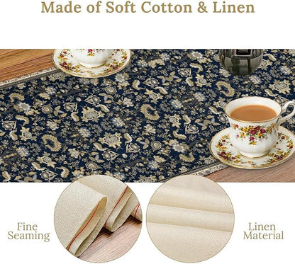Vintage Boho Floral Table Runner, Morris Rustic Country Farmhouse Dark Blue Grey Retro Flower Pattern for Home Kitchen Table Decor Dining Coffee Room Party Decor 13x120in