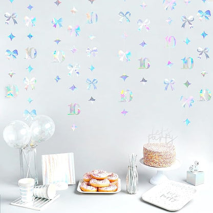 Iridescent 10th Bow Birthday Decorations Glitter Conquette Bow Garland Streamer Banner Backdrop for Girls Boys Happy 10th Birthday Double Digits Cheers to 10 Years Old Anniversary Party Supplies