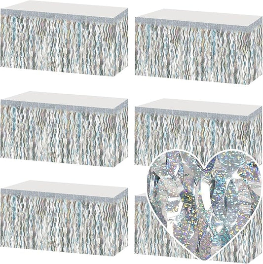 6 Pack 29x108 Inch Silver Wave Foil Fringe Table Skirts Metallic Banner for Tinsel Streamer Garland Backdrop for Parade Floats Mother's, Graduate, Mardi Gras, Birthday, Wedding Party Decorations