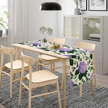 Spring Hydrangea Flower Table Runner, Seasonal Summer Plants Eucalyptus Leaves Purple Florals Dinner Runner for Home Kitchen Dining Table Party Holiday Decoration 13"x108"