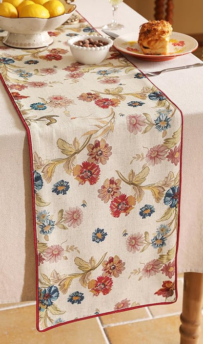 patdrea Designer Farmhouse Linen Thick Table Runner, Rustic Cottage Beige with Floral Pattern Fabric Table Mat, Decoration for Kitchen Dining Thanksgiving New Year Banquet Christmas, 12"*87"